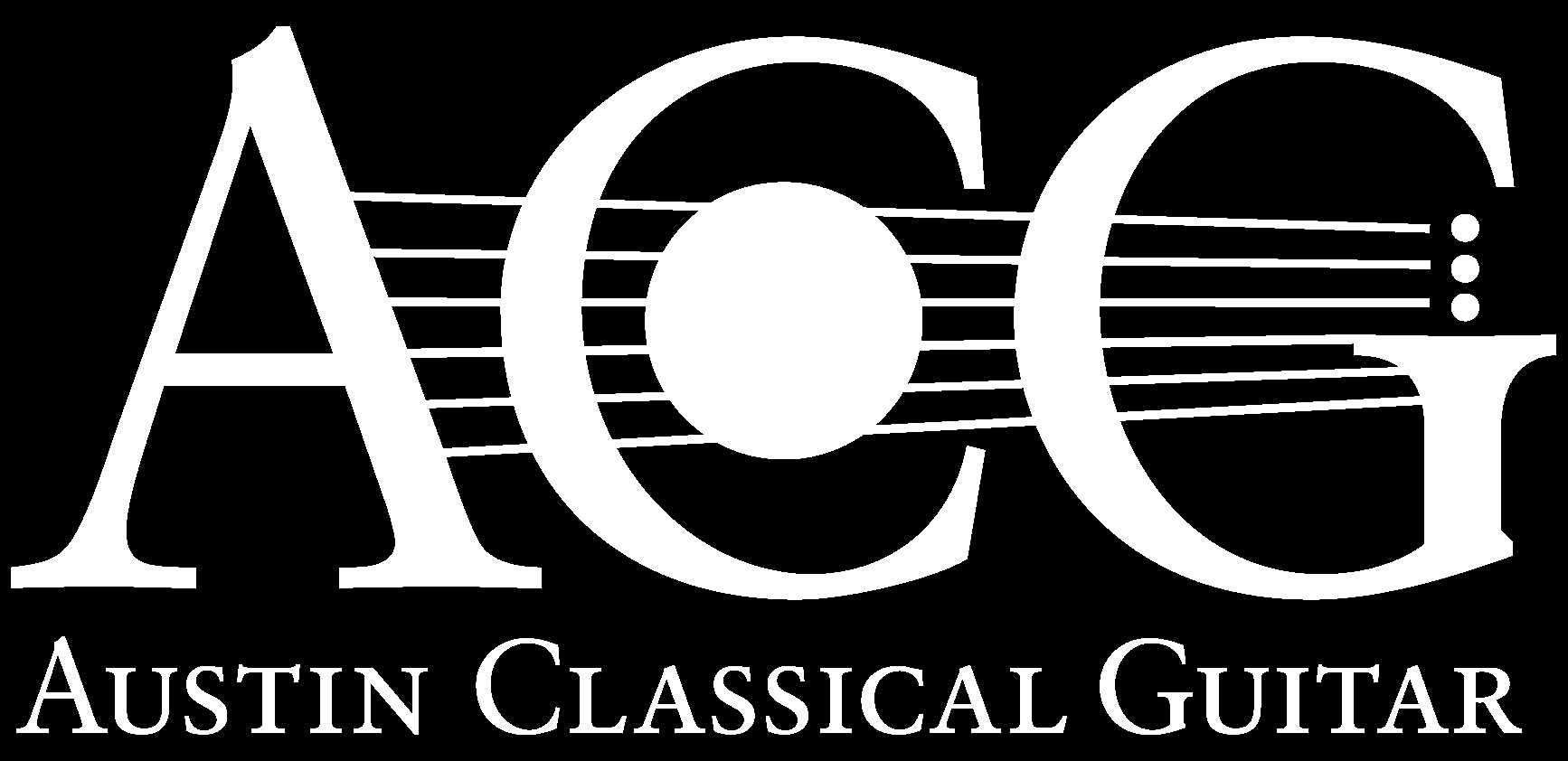 Austin Classical Guitar Logo: ACG in white on a black background with lines and dots creating the look of a guitar across the letters and "Austin Classical Guitar" in white underneath.